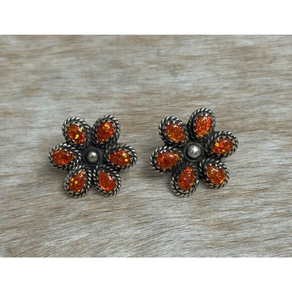 Native American Sterling Silver Orange Opal Flower Cluster Post Stud Earrings - Picture 8 of 13